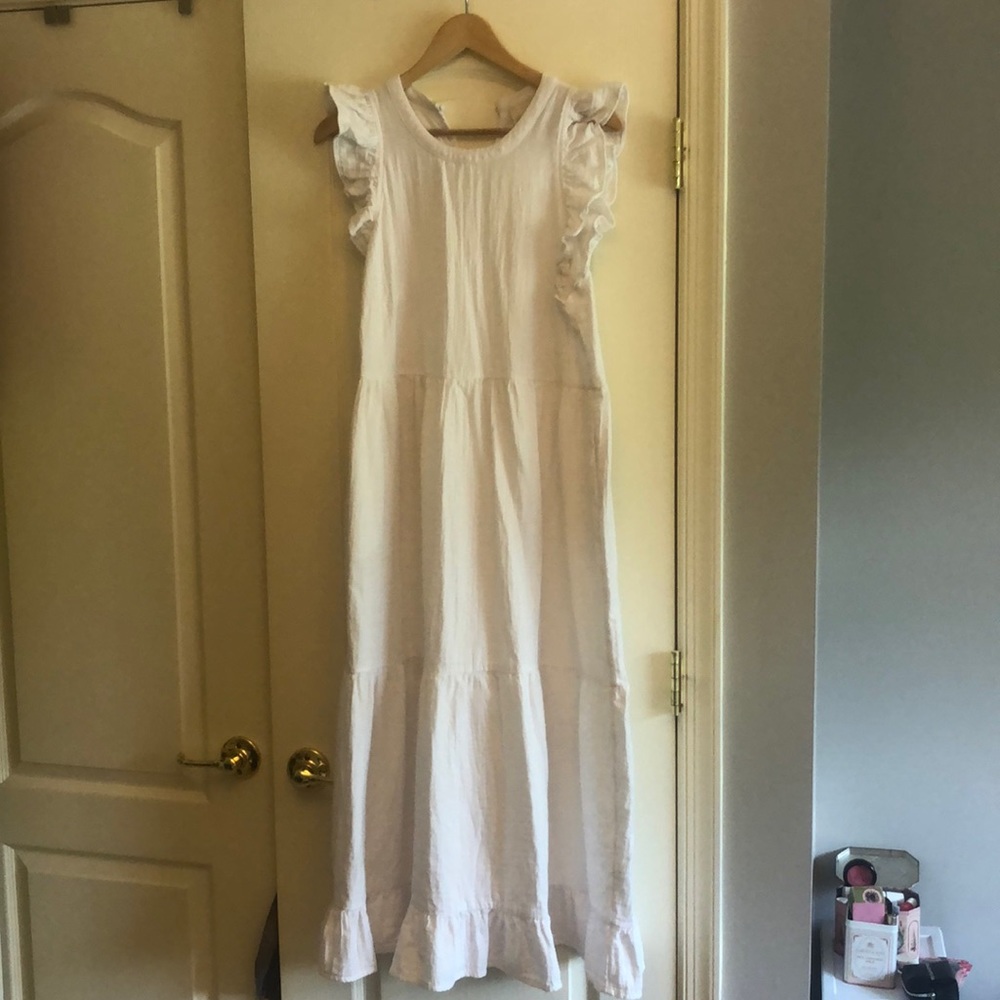 White cotton ruffle midi dress